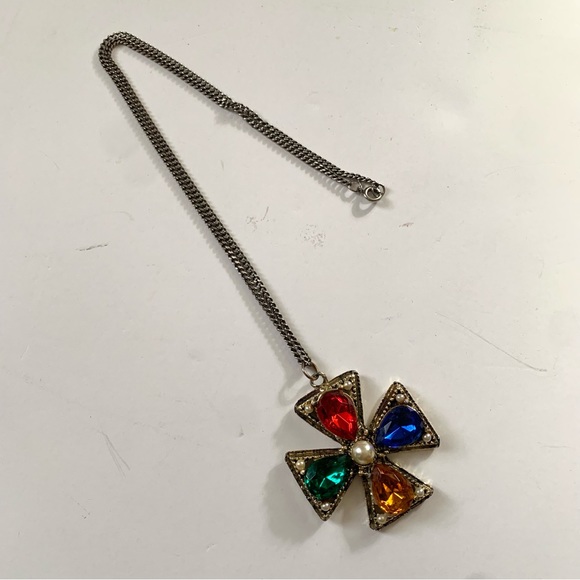 Vintage Rhinestone Maltese Cross colorful Necklace Gold tone - Picture 4 of 9